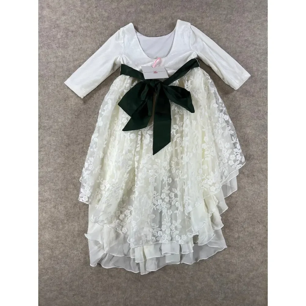 Smocked Sweets White Christmas Hi Lo Dress with Green Sash Girls Size 4/5 NWT